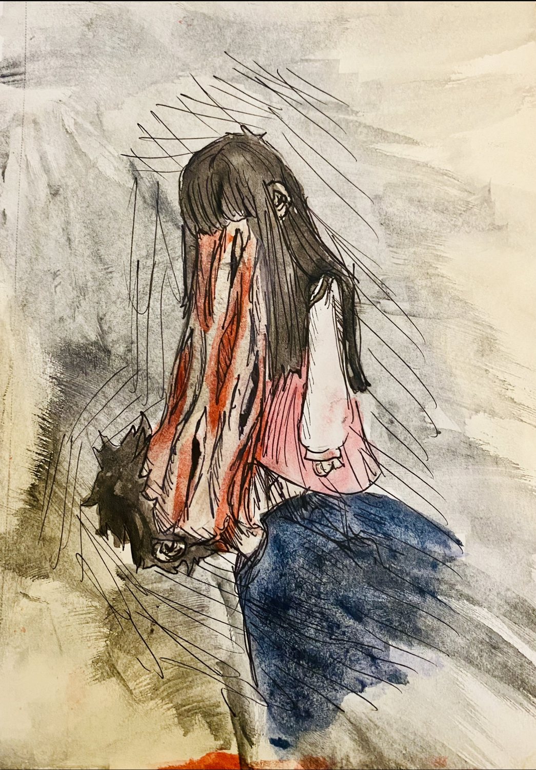 Penny’s watercolor and ink drawing of a girl with long dark hair, seen from behind, in a pink sleeve with rust-red strokes and blue jeans, surrounded by grey washes and scratched lines.